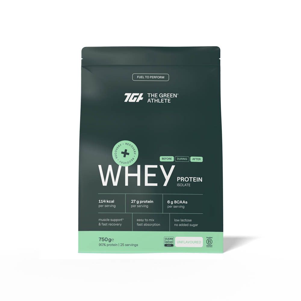 Sachet vert de Whey Protein Isolate. Marque : The Green Athlete. Contient 27g de protéines par portion. 750g.