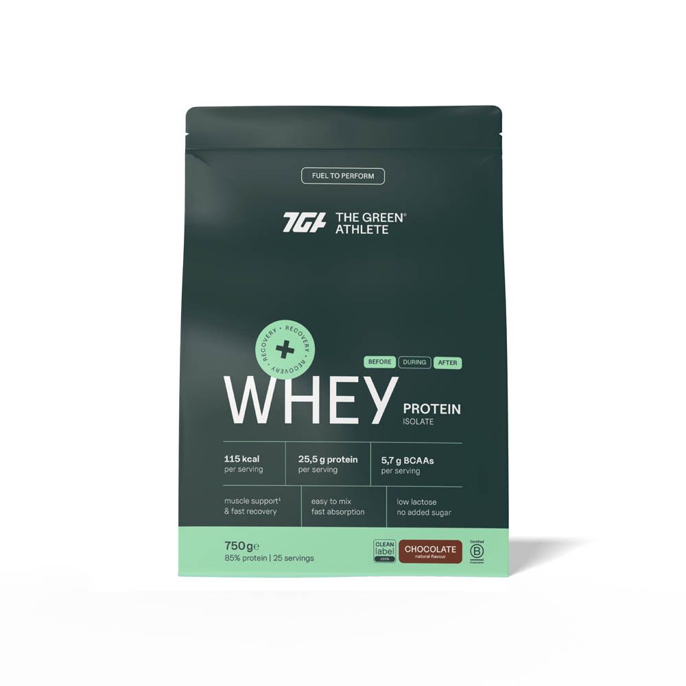 Groene zak Whey Protein Isolate. Merk The Green Athlete. Bevat 25,5 g eiwit per portie. Chocolate.