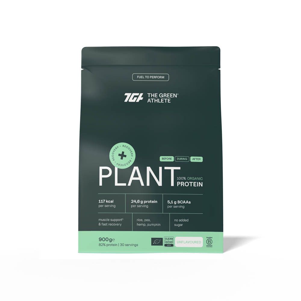 Groene verpakking met PLANT, 100% ORGANIC PROTEIN. Bevat 24,6 g eiwit per portie. BIO-certificering.