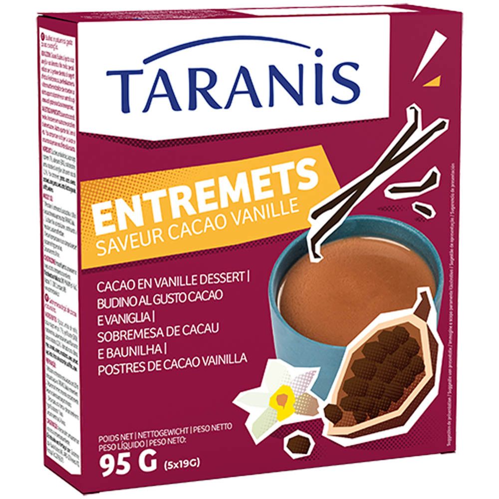 Boîte de Taranis Entremets. Inscription : Entremets Saveur Cacao Vanille. Illustration de gousses de vanille, fève de cacao et dessert en tasse.