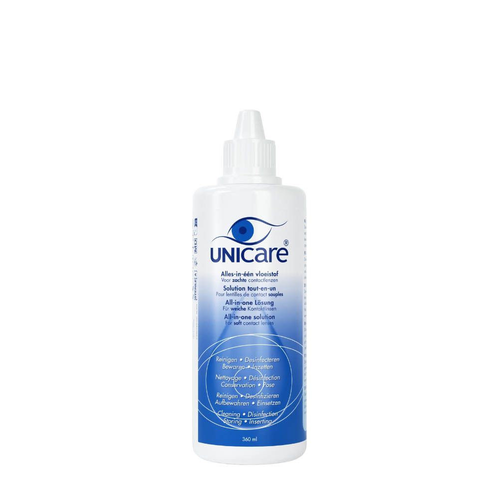 Witte fles UNICARE. Oplossing voor zachte contactlenzen. Blauwe tekst. 360 ml.