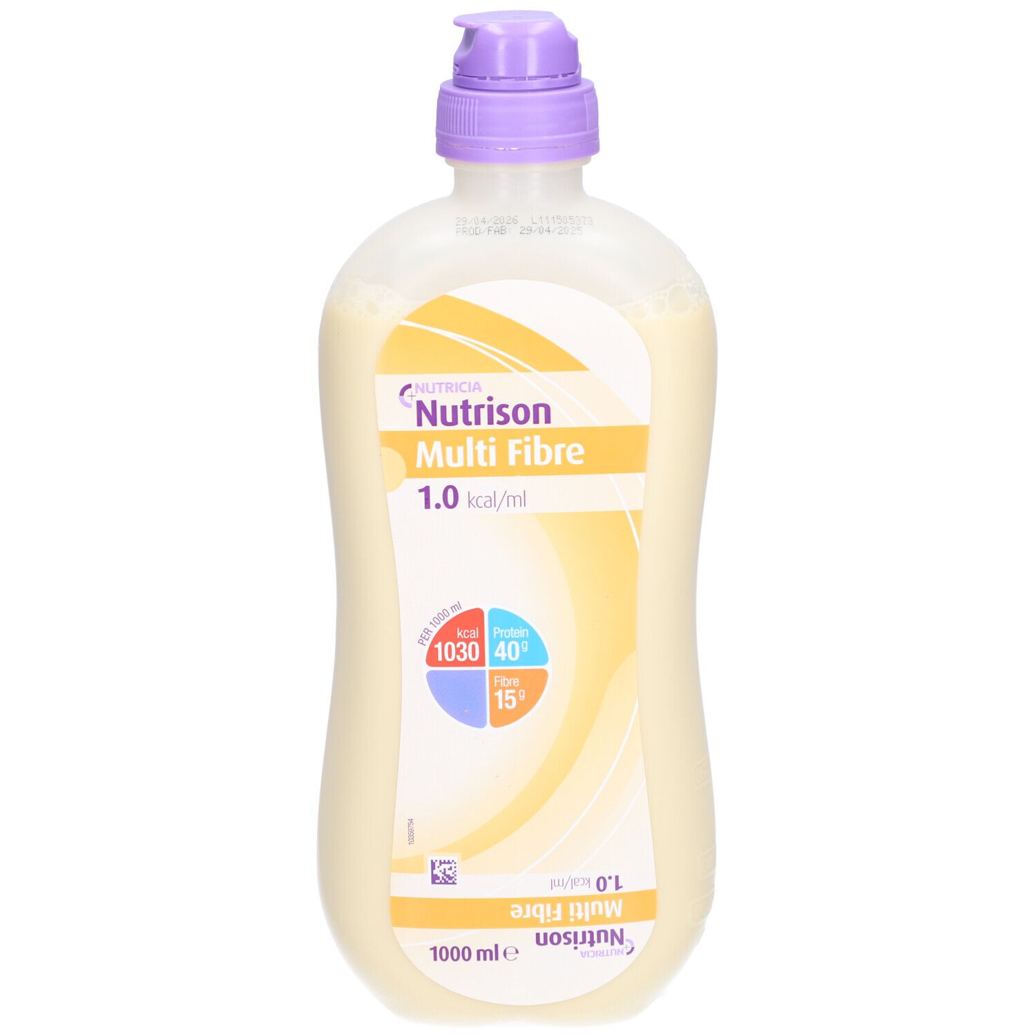 Bouteille de liquide jaunâtre. Inscription: Nutrison Multi Fibre 1,0 kcal/ml. Bouchon violet. 1000 ml.