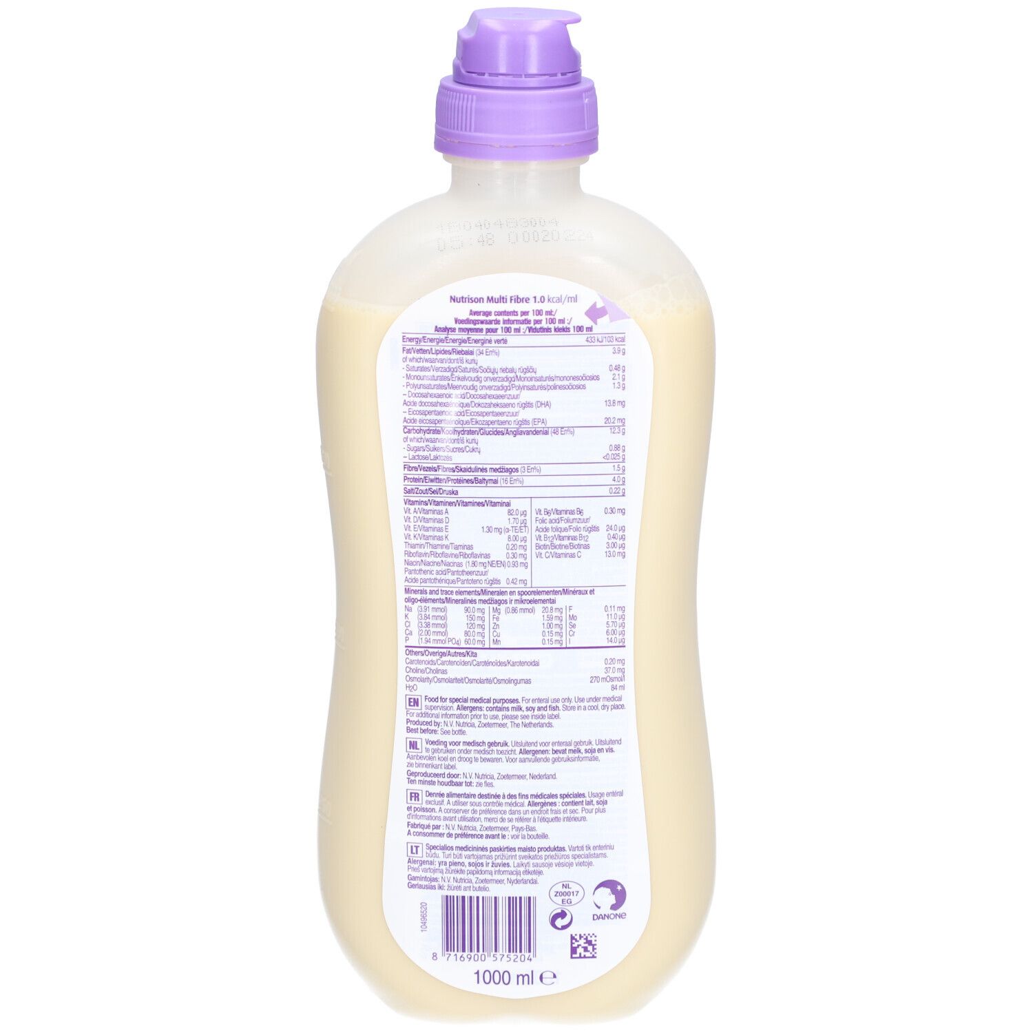 Dos de la bouteille de liquide jaunâtre. Inscription: Nutrison Multi Fibre. Contient des informations nutritionnelles et des ingrédients. 1000 ml.