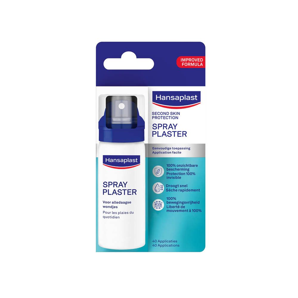 Hansaplast Spray Plaster, spraypleister. Verpakking met product en opdrukken.
