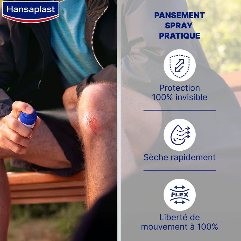 Application de Hansaplast Spray Plaster sur une plaie. Personne vaporisant.