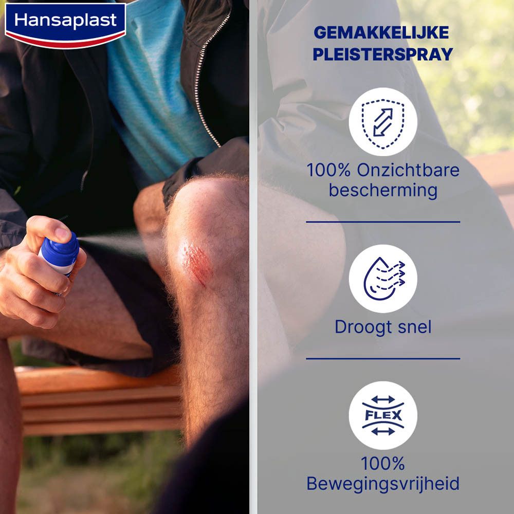 Wond besproeid met Hansaplast Spray Plaster. Persoon spuit op knie.