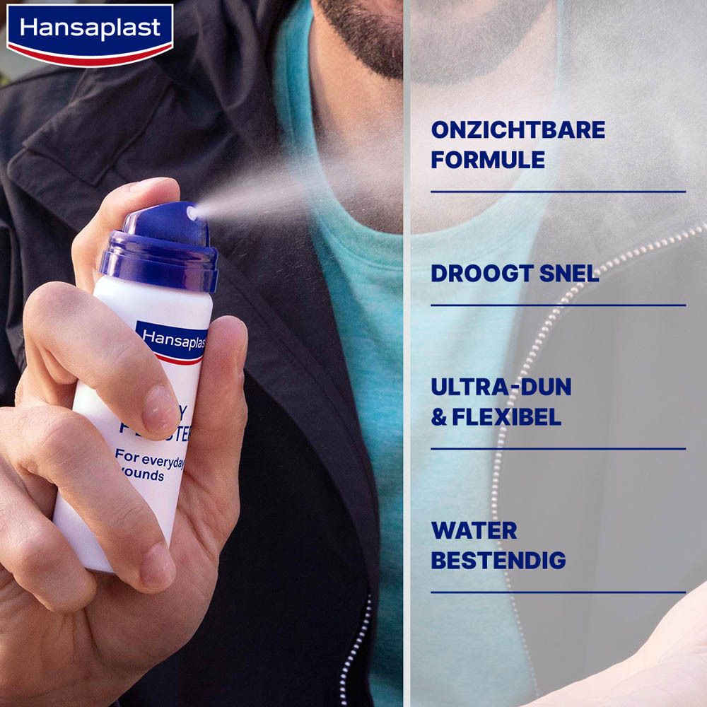 Persoon spuit Hansaplast Spray Plaster op een wond. Product en persoon.