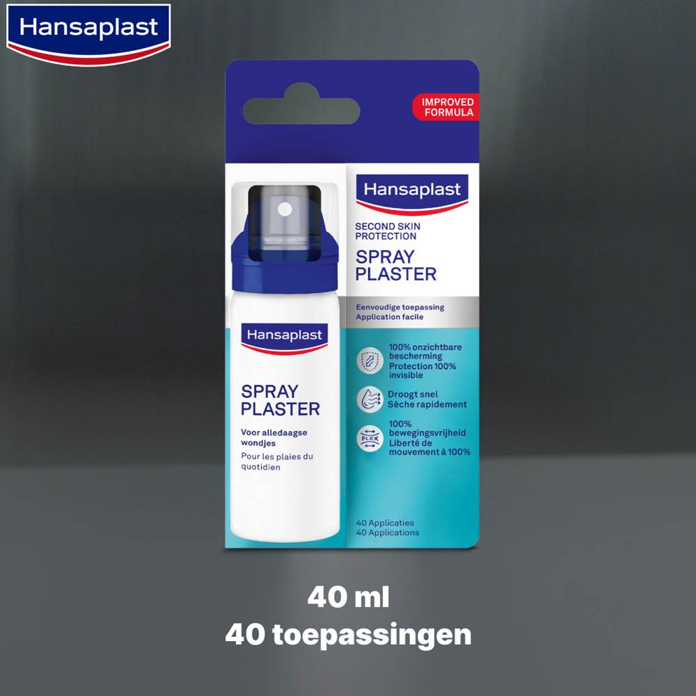 Hansaplast Spray Plaster, spraypleister. Verpakking met product en opdrukken.