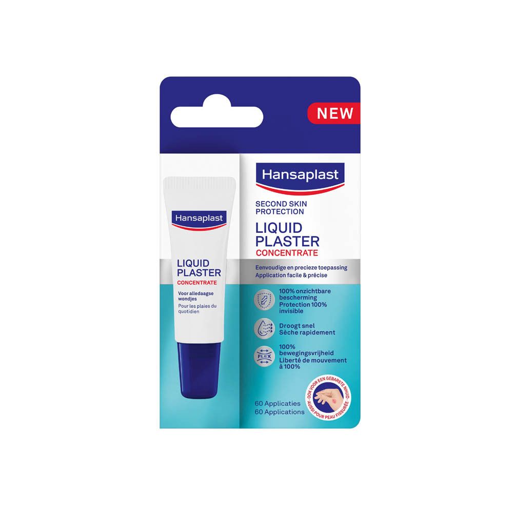 Hansaplast Vloeibare Pleister Concentraat. Tube en verpakking. Blauwe en witte kleuren.
