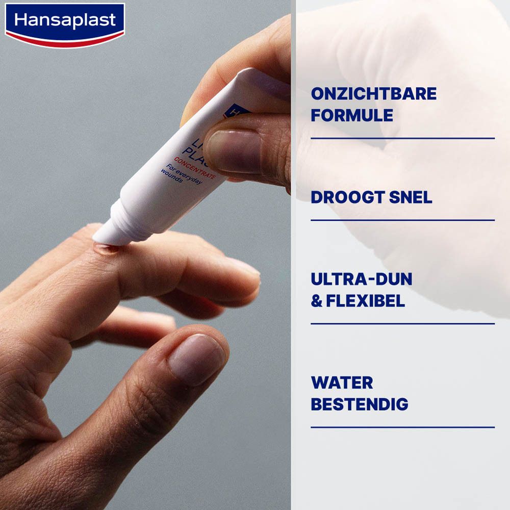 Hand met tube Hansaplast Vloeibare Pleister Concentraat. Toepassing op wond.