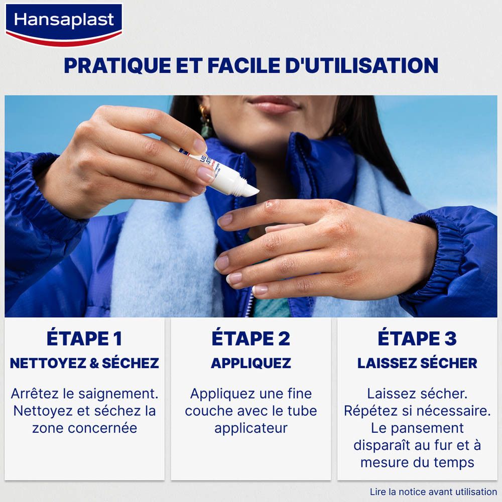 Femme montre l'application de Hansaplast Pansement Liquide Concentré. 3 étapes.