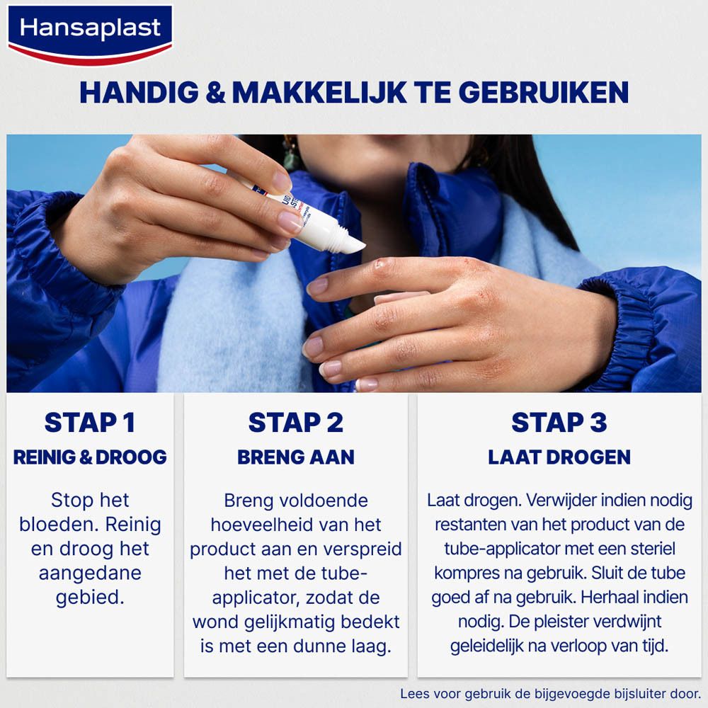 Vrouw toont toepassing Hansaplast Vloeibare Pleister Concentraat. 3 stappen.