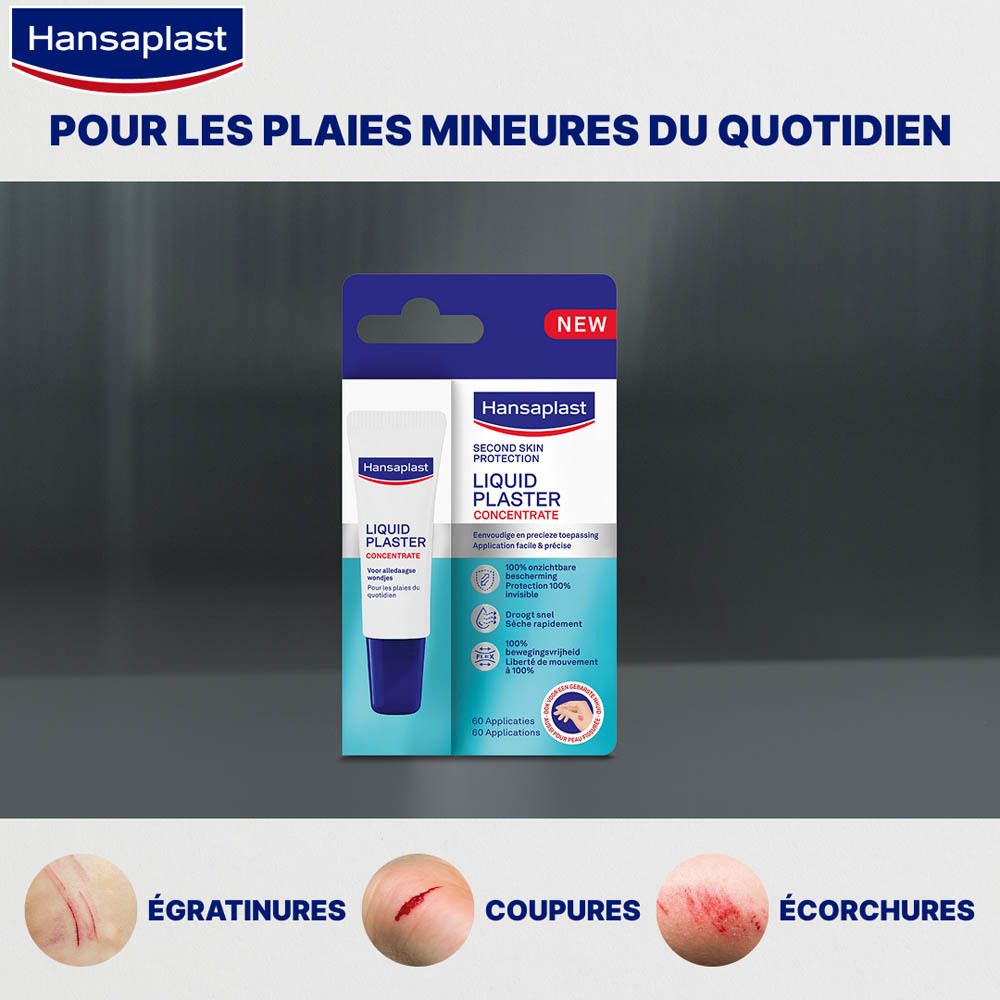 Hansaplast Pansement Liquide Concentré. Emballage et plaies. Pour les plaies mineures.