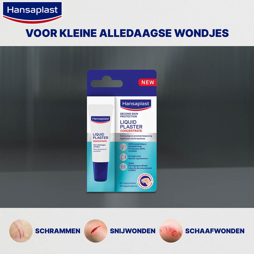 Hansaplast Vloeibare Pleister Concentraat. Verpakking en wonden. Voor kleine wonden.