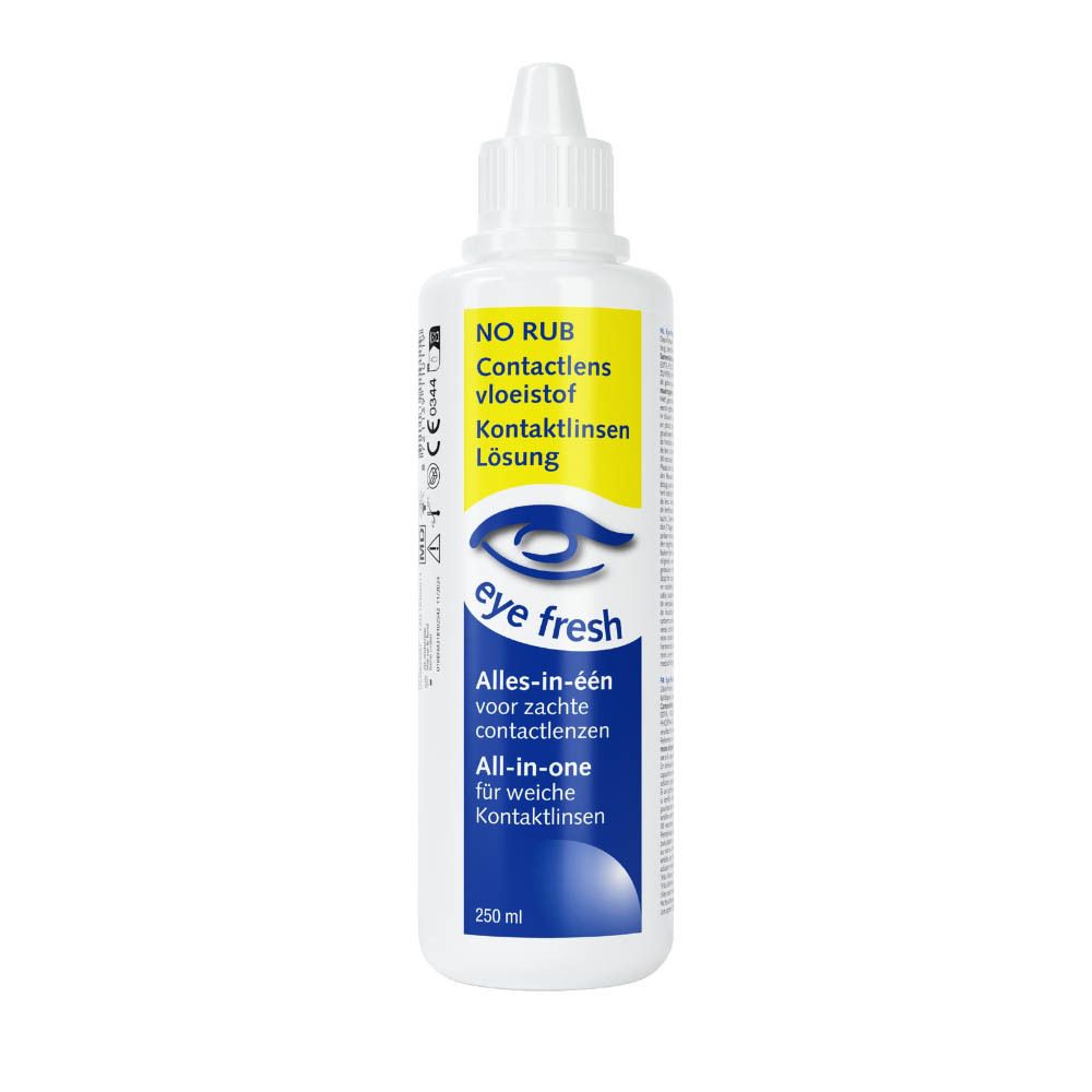 Witte fles contactlensvloeistof. Geel-blauwe etiketten met tekst en logo. 250 ml.