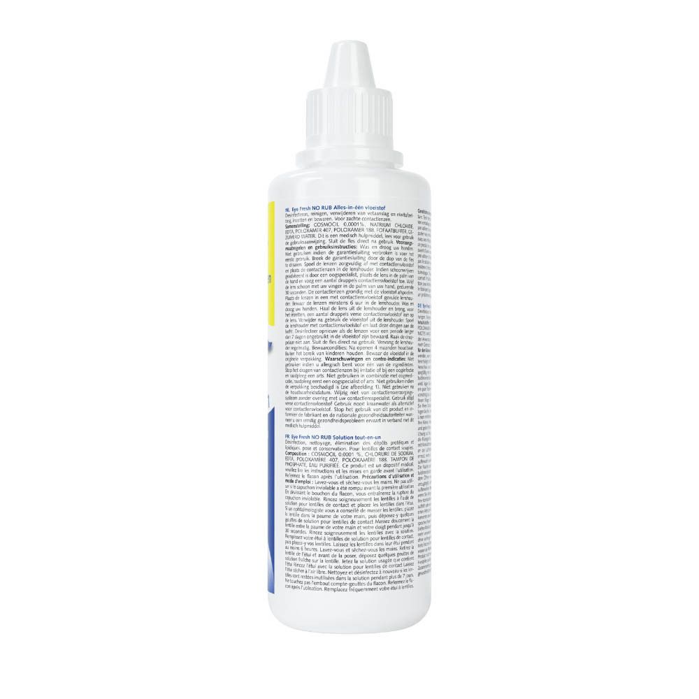 Witte fles, achterkant met tekst. Contactlensvloeistof. Gebruiksinformatie.