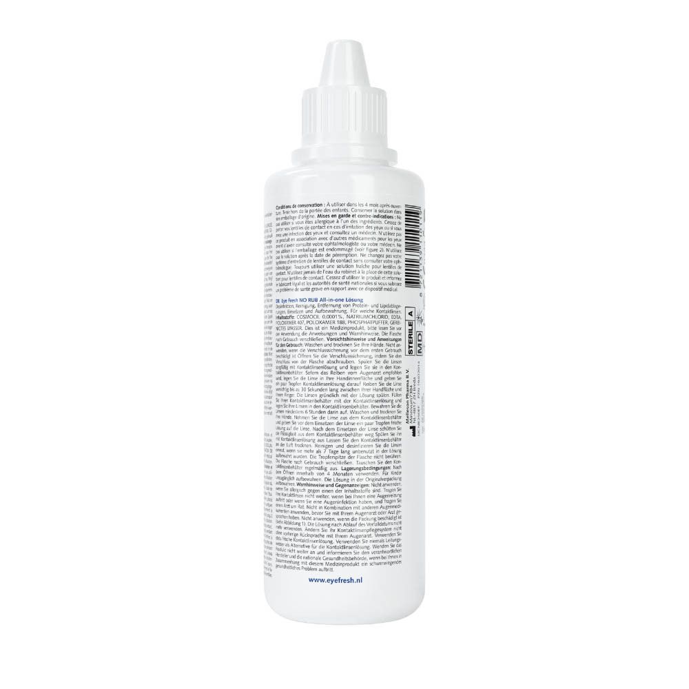 Flacon blanc, dos avec texte. Liquide pour lentilles. Informations d'utilisation.