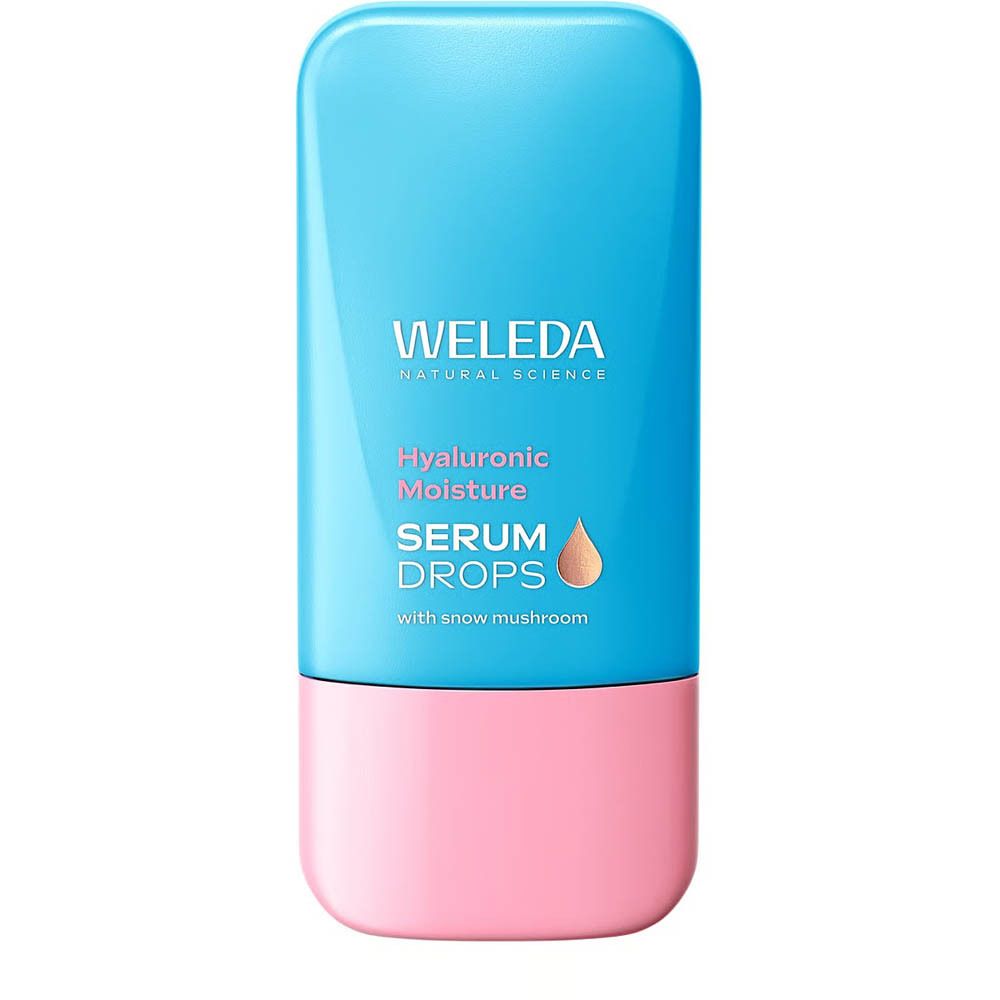 Blauwroze fles met Weleda-logo en tekst: Hyaluronic Moisture Serum Drops. Druppelsymbool.