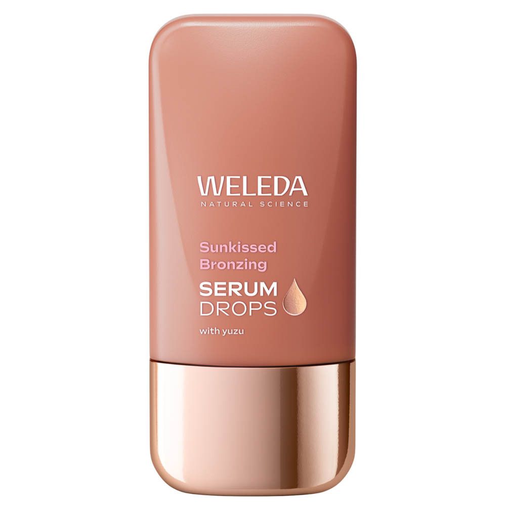 Weleda Sunkissed Bronzing Serum Drops. Flacon rose et doré. Nom du produit et marque visibles.