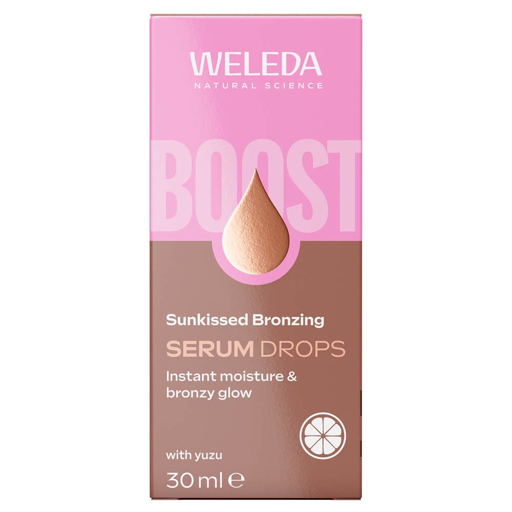 Weleda Sunkissed Bronzing Serum Drops et emballage. Boîte rose avec nom et logo du produit.