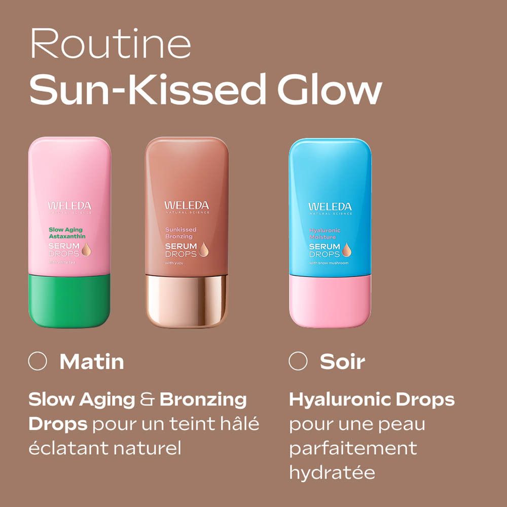 Femme tenant Weleda Sunkissed Bronzing Serum Drops. Application du produit. Texte.