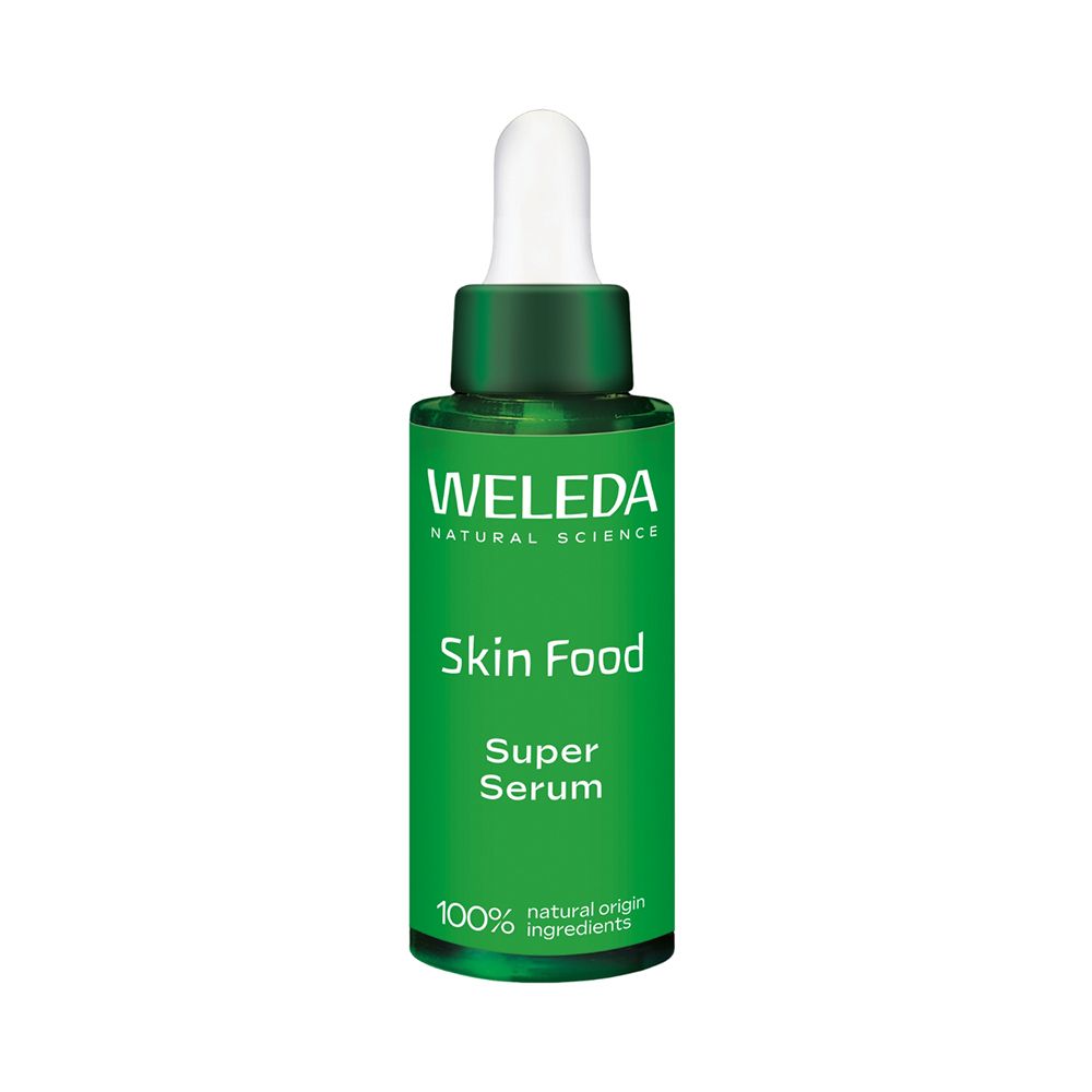 Groene fles met pipet. Opschrift: WELEDA, Skin Food, Super Serum. 100% natuurlijke ingrediënten.