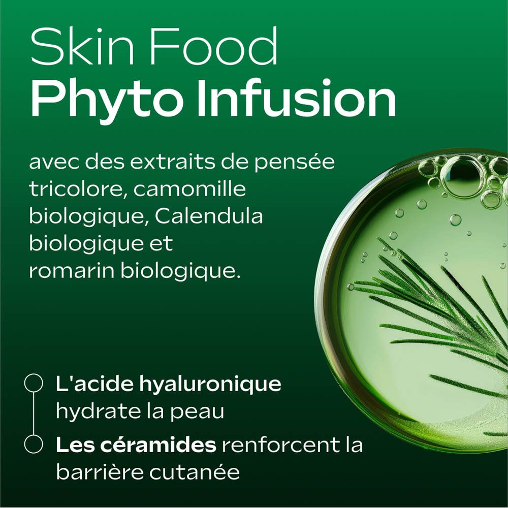 Gros plan sur des plantes. Texte : Skin Food Phyto Infusion. Avec des extraits de pensée tricolore, camomille biologique, Calendula biologique et romarin biologique.