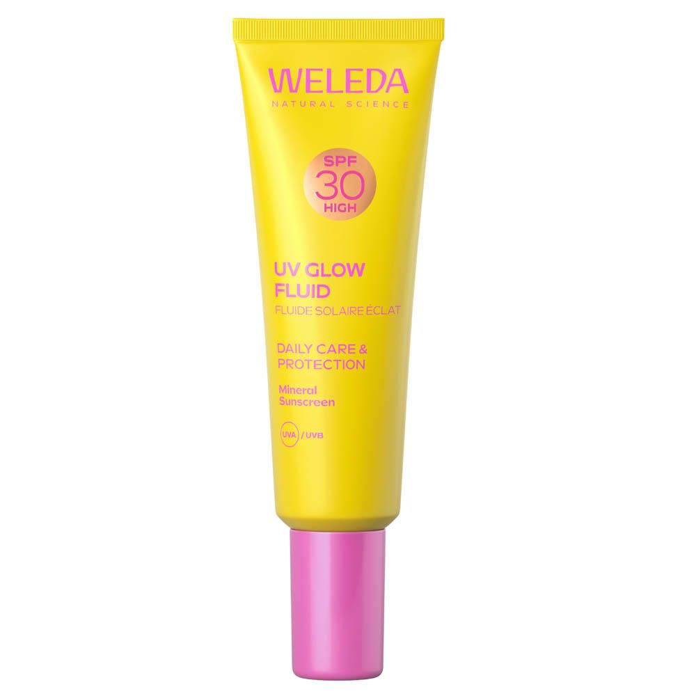 Gele tube met roze dop. Opschrift: WELEDA, SPF 30, UV Glow Fluid.