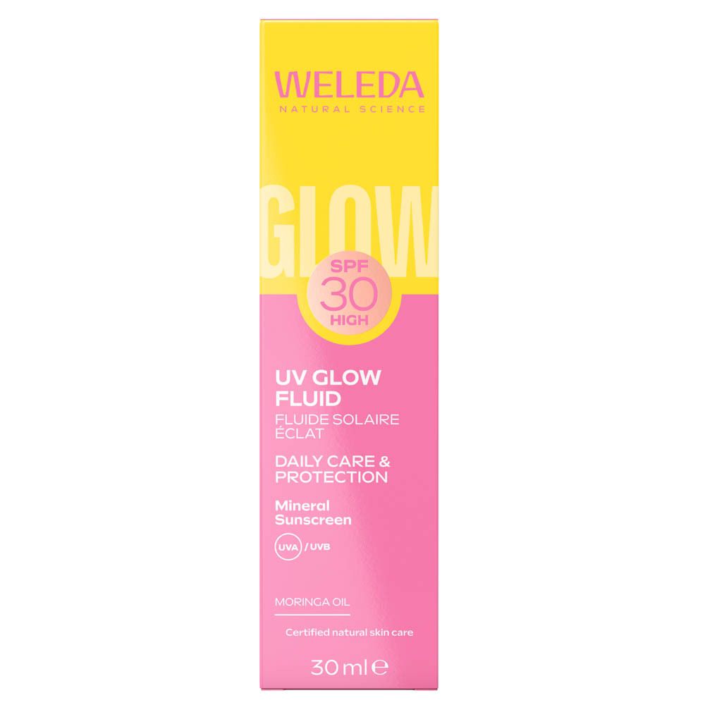 Roze doos. Opschrift: WELEDA, GLOW, SPF 30, UV Glow Fluid.