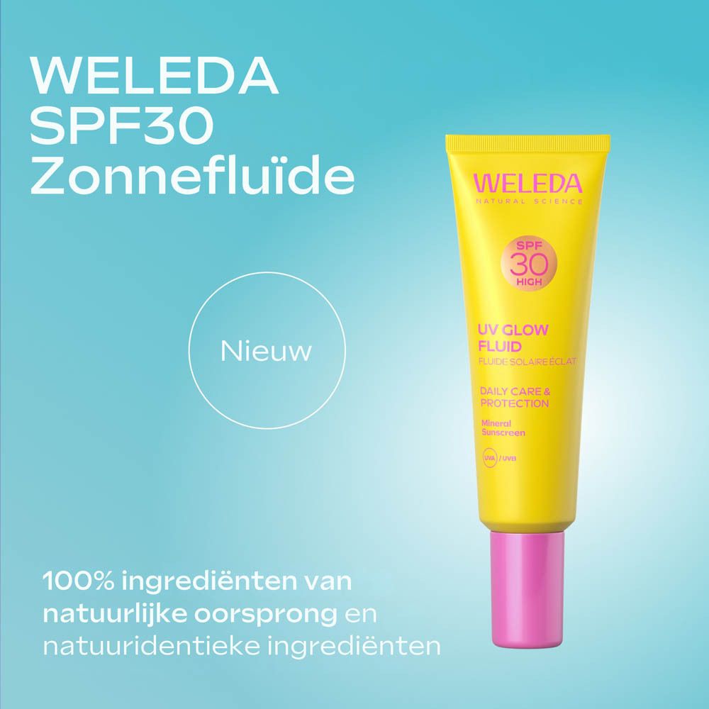 Gele tube en roze doos. Tekst: WELEDA SPF30 Zonnefluïde. Nieuw.