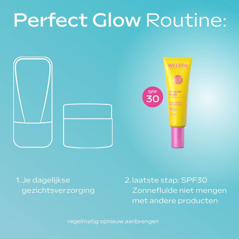 Schema. 2 stappen. Tekst: Perfect Glow Routine. 2. stap: SPF30 Zonnefluïde.