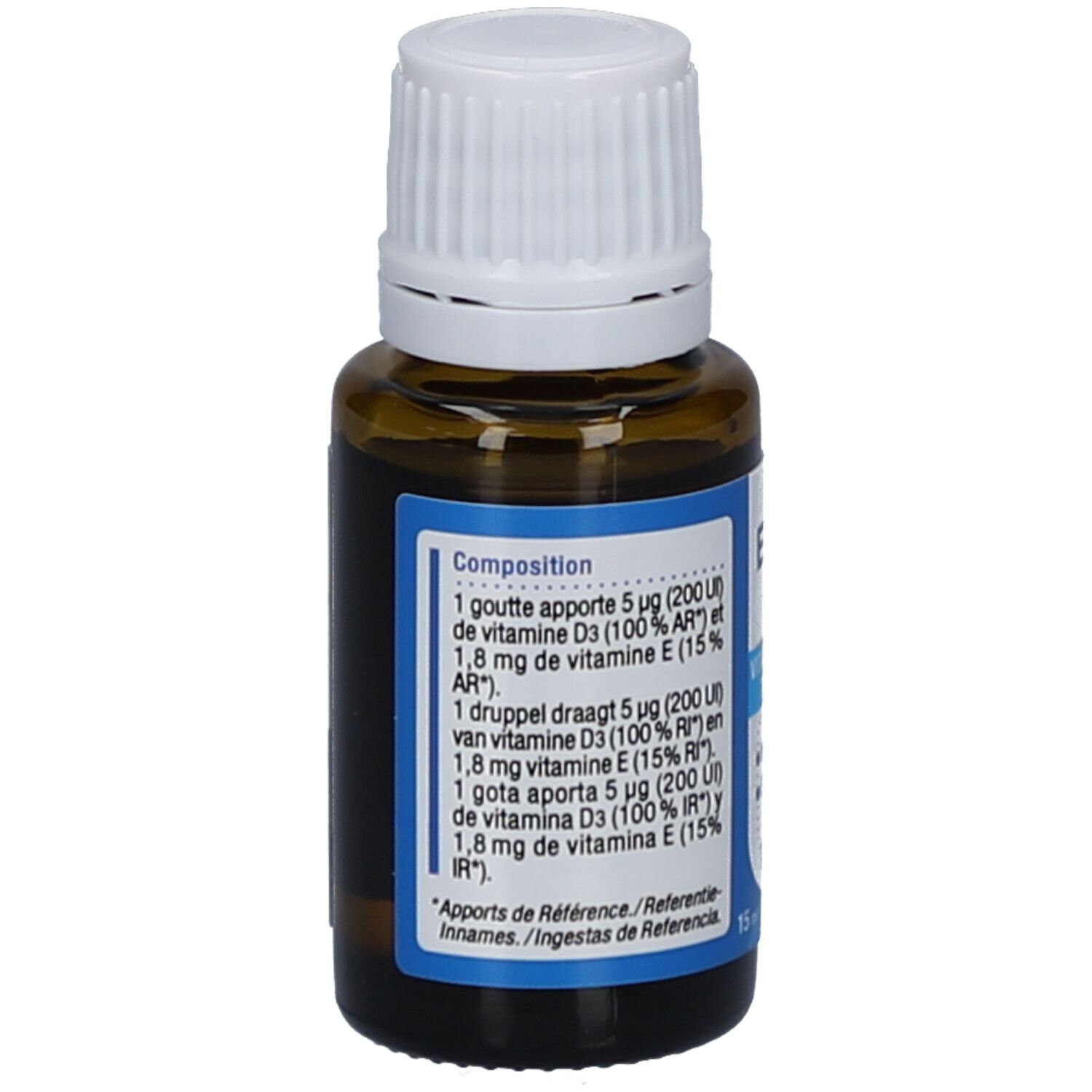 Flacon en verre brun avec bouchon blanc. Étiquettes bleues avec texte. Contient des informations sur la composition.