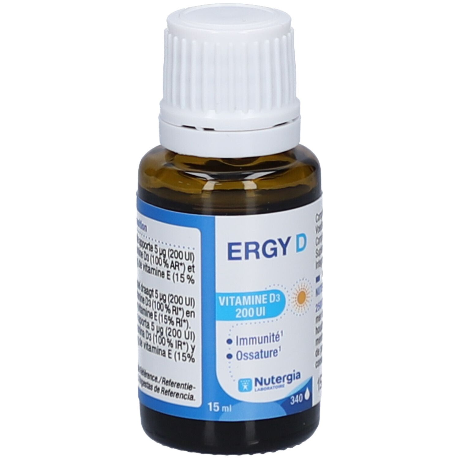 Flacon en verre brun avec bouchon blanc. Étiquettes bleues avec texte. Contient des informations sur le produit.