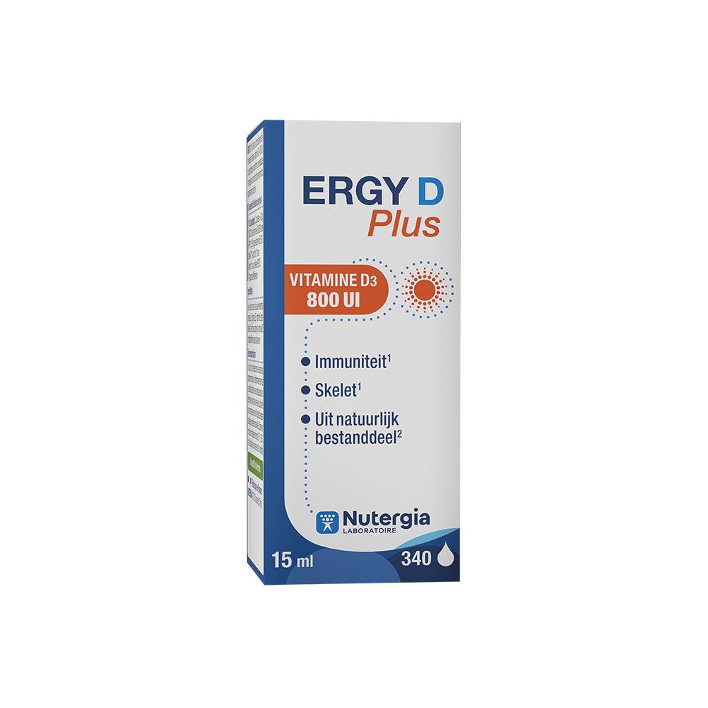 Verpakking Ergy D Plus, vitamine D3 800 UI. Ondersteunt immuunsysteem en skelet. Merk Nutergia. 15 ml.