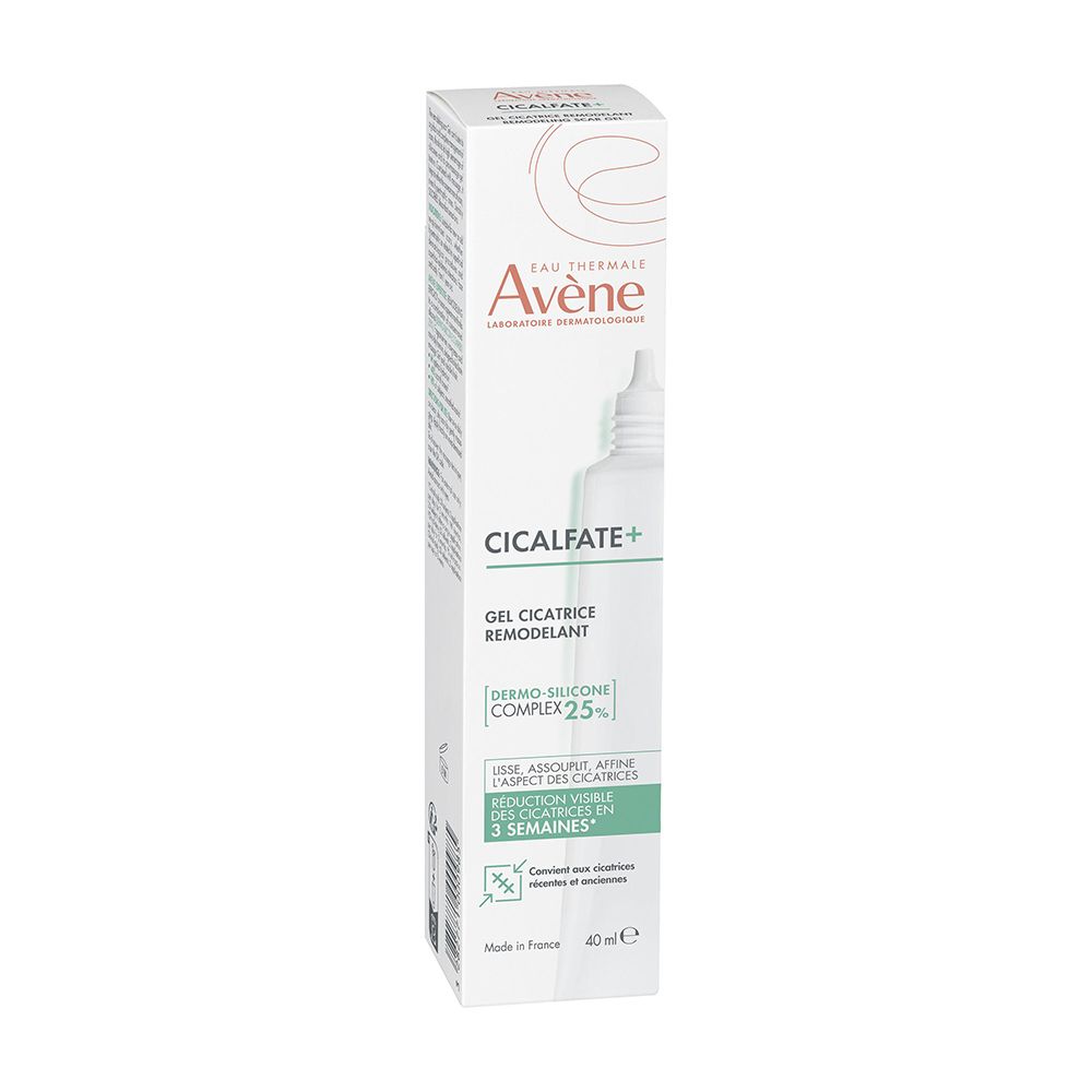 Avène Cicalfate+ Narben-Gel in verpakking. Witte en groene tube. Productnaam en logo. 40ml.