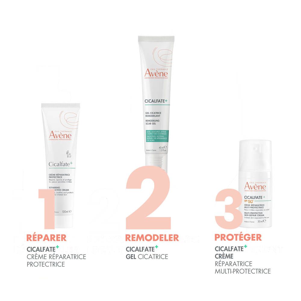 Avène Cicalfate+ Gel Cicatrice Remodelant, emballage. Tube blanc et vert. Nom du produit et logo. 40ml.