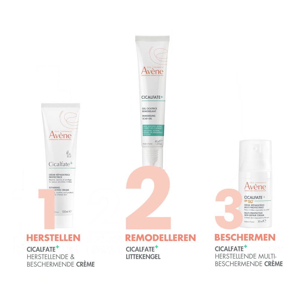 Avène Cicalfate+ Narben-Gel in verpakking. Witte en groene tube. Productnaam en logo. 40ml.