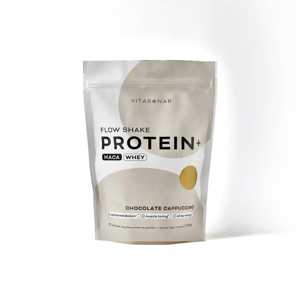 Vitasonar Flow Shake Protein+ Maca Whey zak, Chocolate Cappuccino. Gouden cirkel. Tekst: optimale stofwisseling, spiertonus, energie.