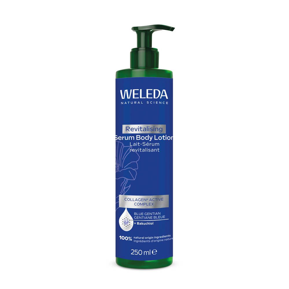 Weleda Serum Body Lotion fles. Blauwgroene fles met pomp. Tekst: Revitalising Serum Body Lotion, NEW.