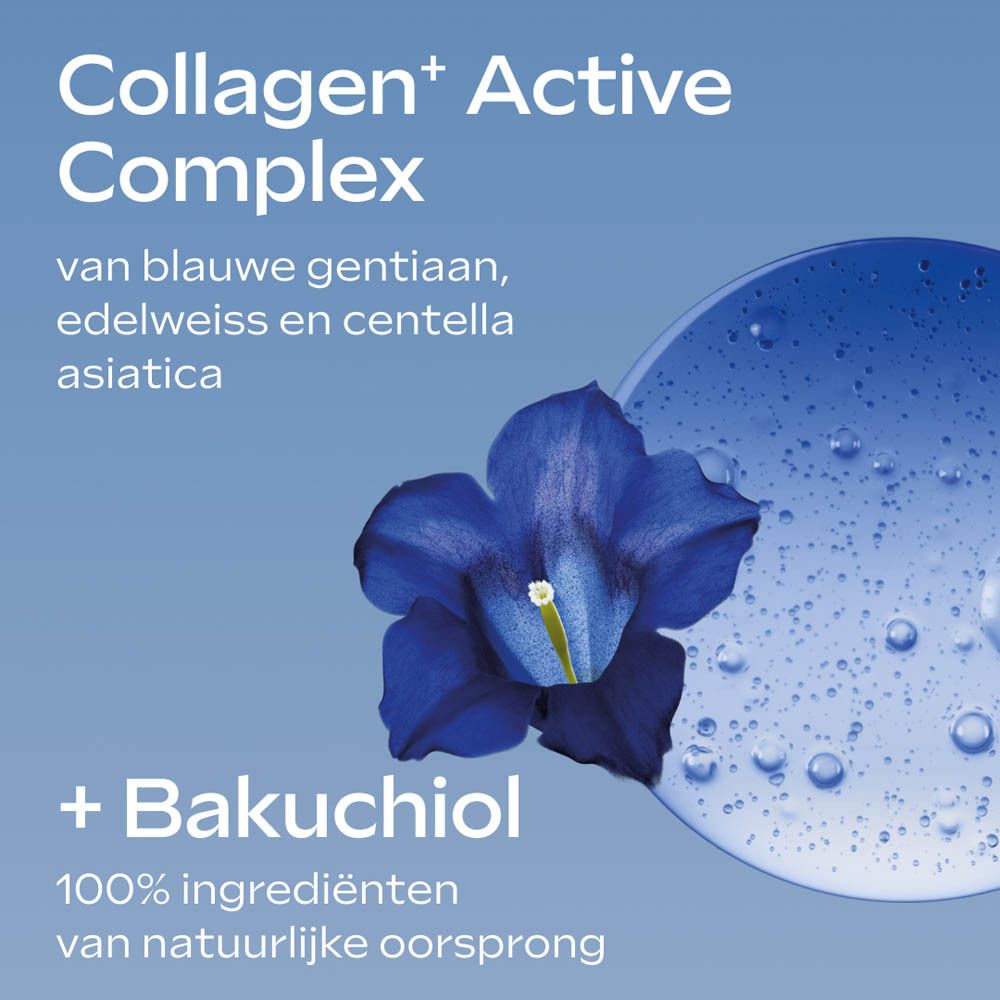 Bloem en waterdruppels. Tekst: Collagen+ Active Complex, op basis van blauwe gentiaan, edelweiss en centella asiatica.