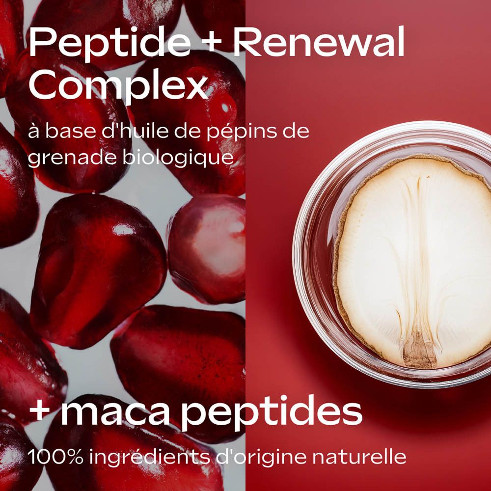 Femme avec grenade et flacon. Texte: Nouveau. Weleda Lait-Sérum Raffermissant.