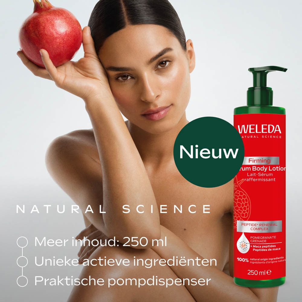 Vrouw met granaatappel en fles. Tekst: Nieuw. Weleda Firming Serum Body Lotion.