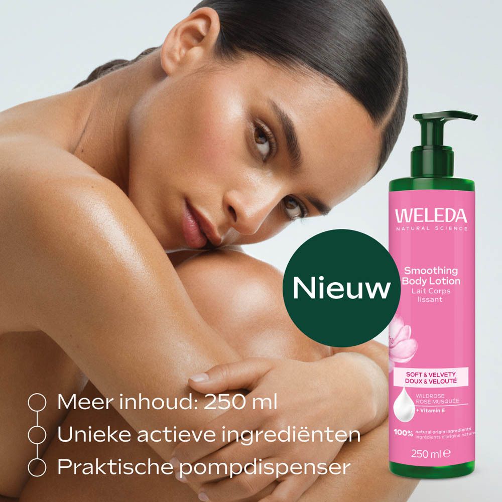 Vrouw die zichzelf omarmt. Weleda Smoothing Body Lotion fles. Tekst: Nieuw, 250 ml.