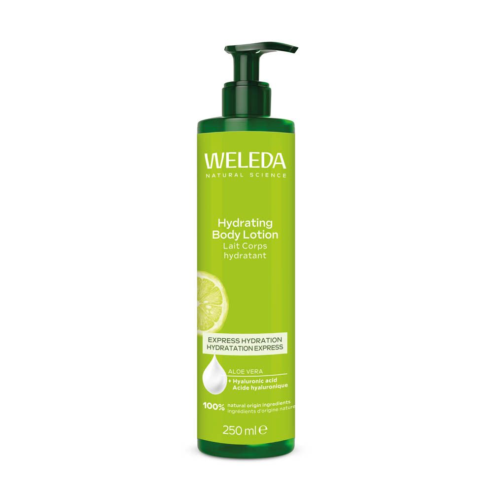 Weleda Hydrating Body Lotion, groene fles met zwarte pomp.