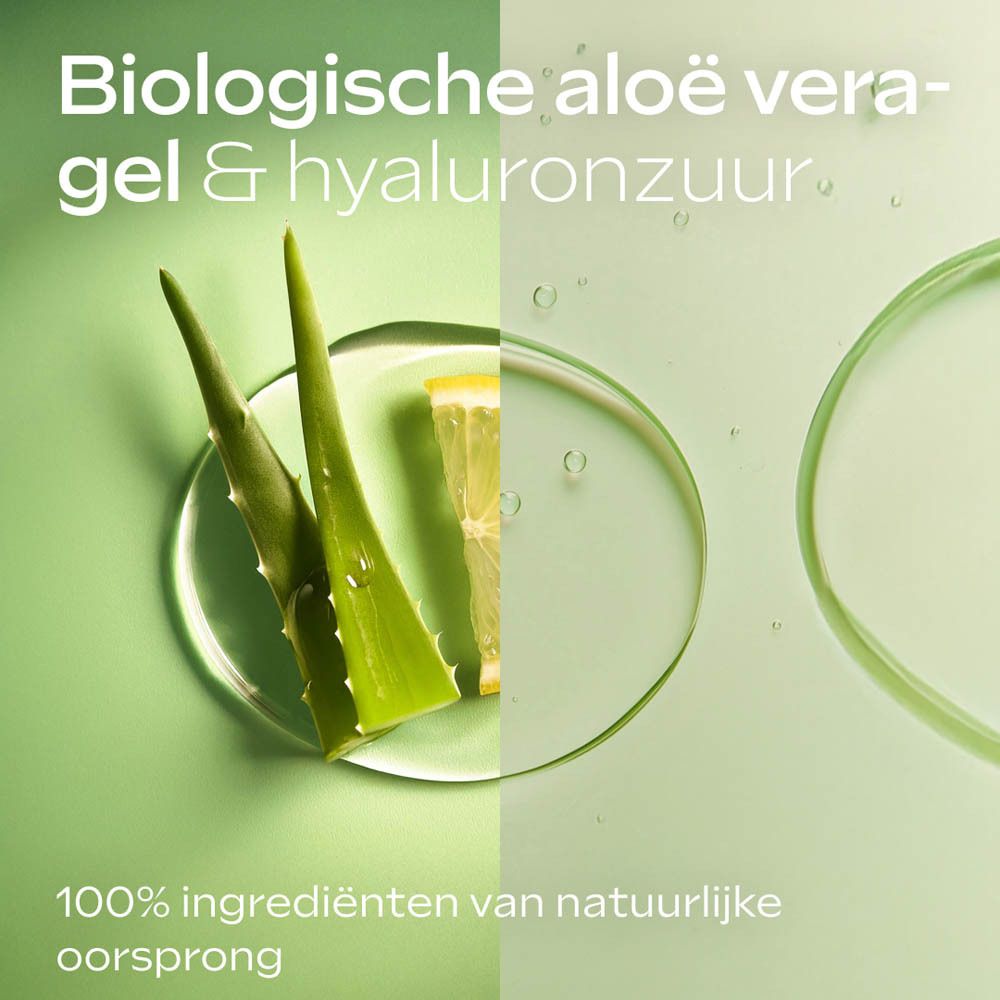 Aloë vera gel en hyaluronzuur. Tekst: 100% ingrediënten van natuurlijke oorsprong.