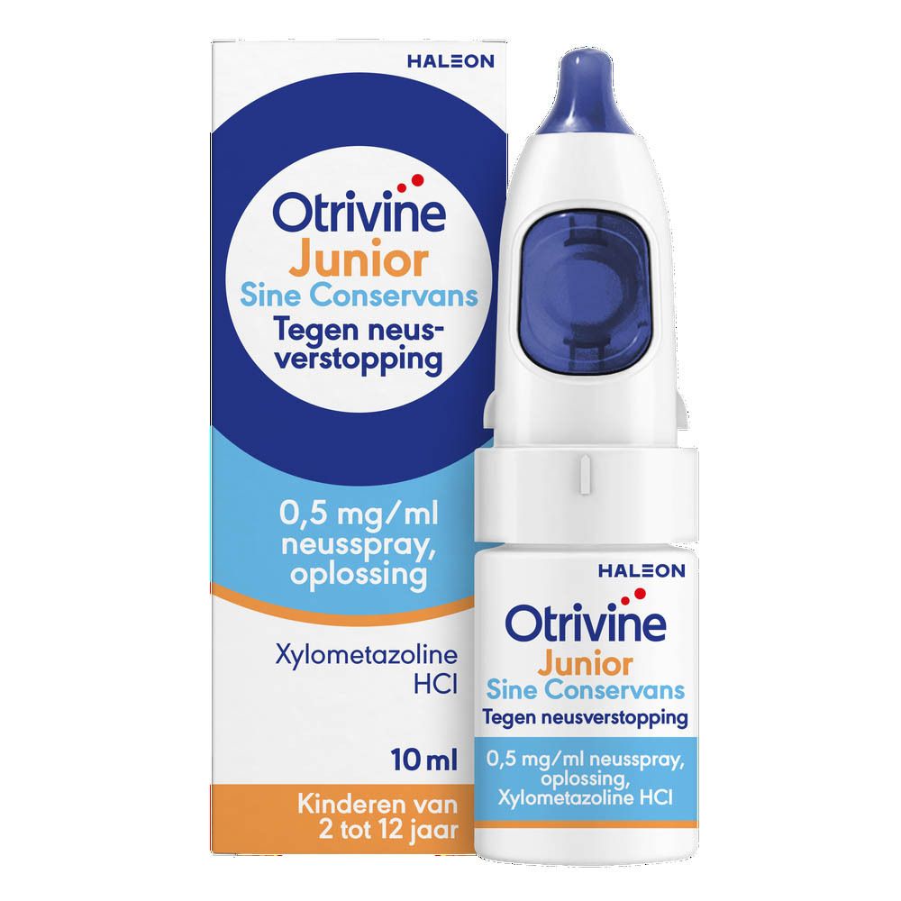 Verpakking Otrivine Junior, neusspray en doos.