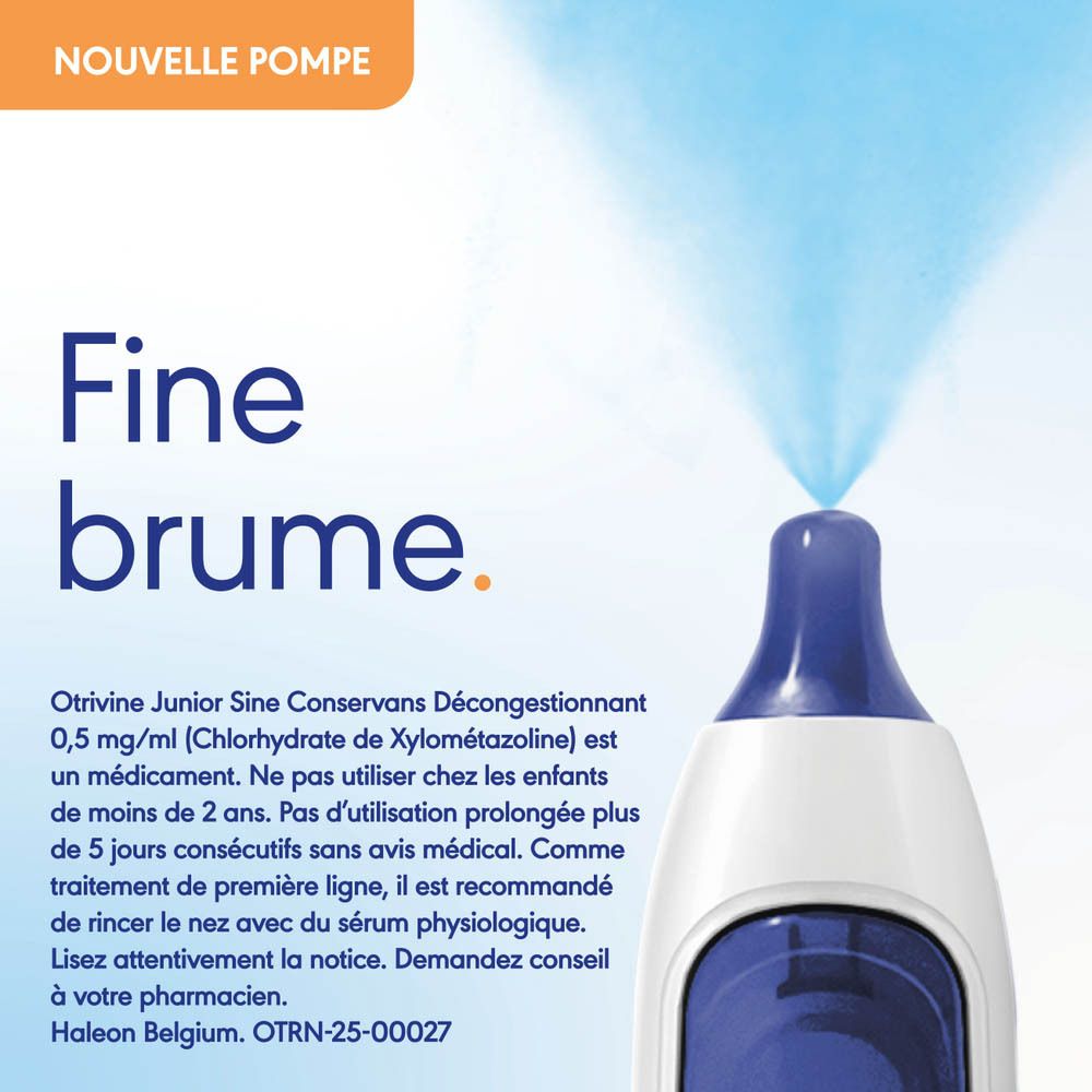 Emballage Otrivine Junior, spray nasal et boîte.