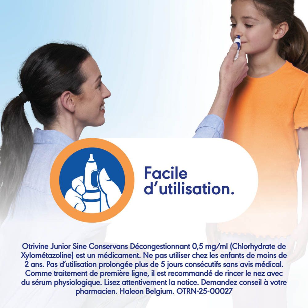 Emballage Otrivine Junior, spray nasal et boîte.