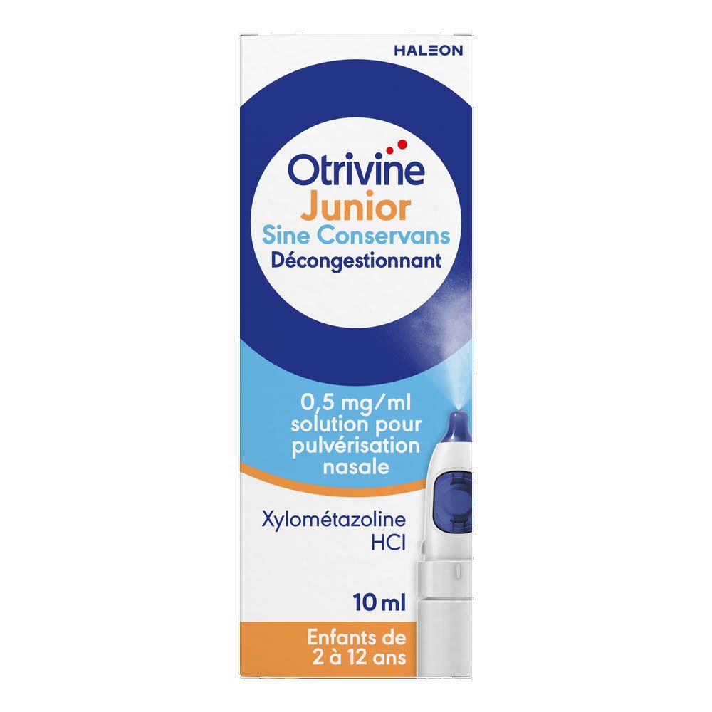 Emballage Otrivine Junior, spray nasal et boîte.