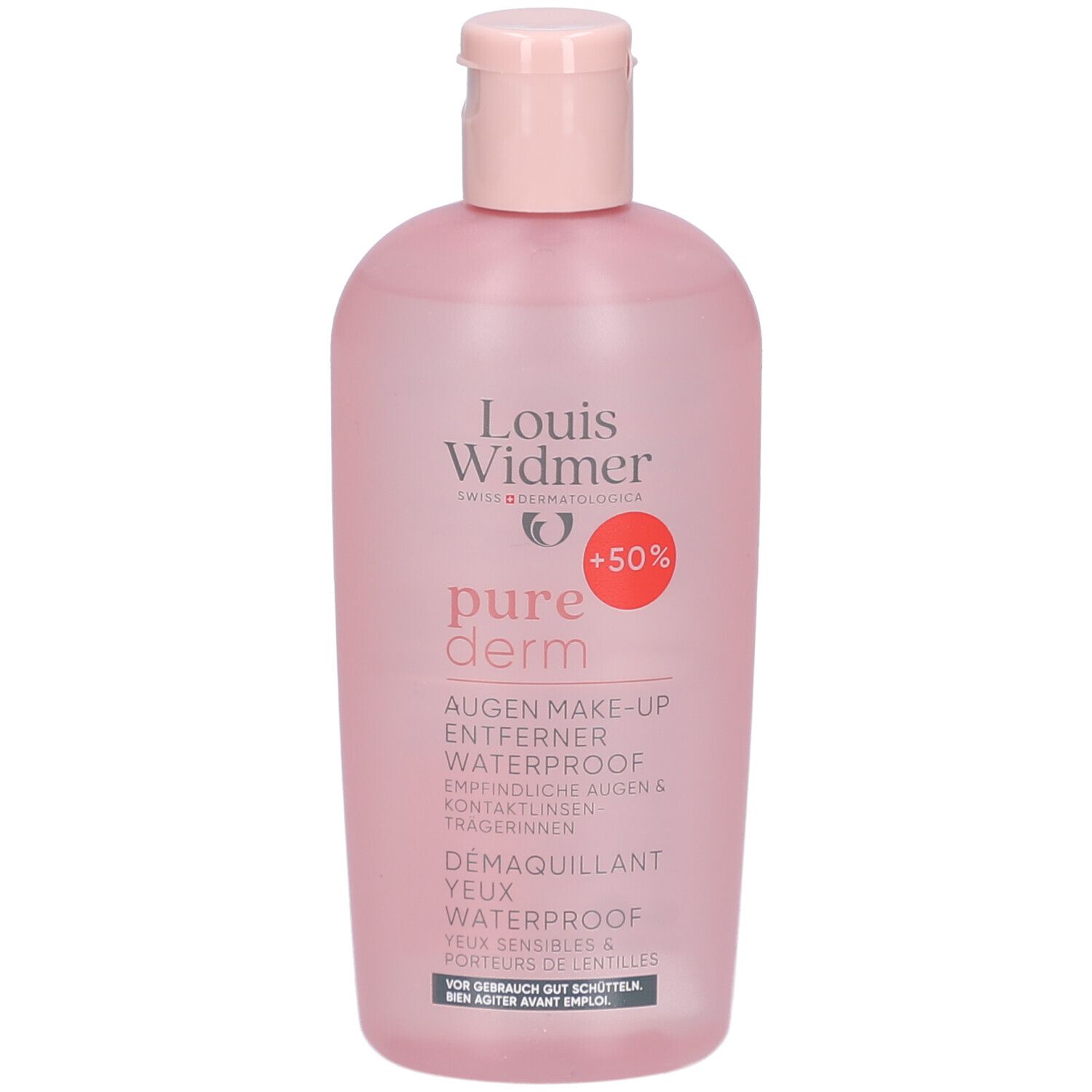 Roze fles met roze dop. Opschrift: Louis Widmer, pure derm Augen Make-up Entferner Waterproof. Sticker +50%.